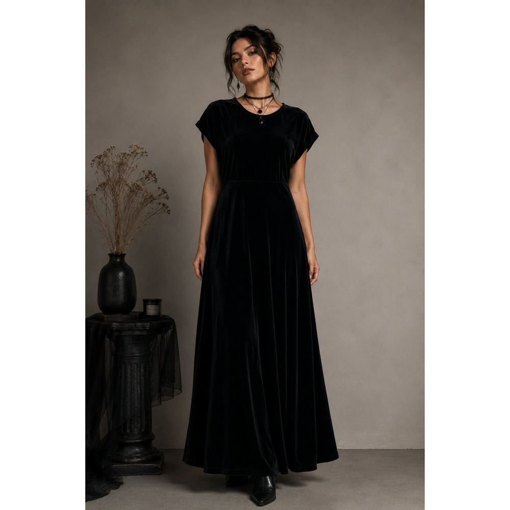 90s Goth Black‎ Velvet Maxi Dress Empire Waist Minimalist 10 Medium